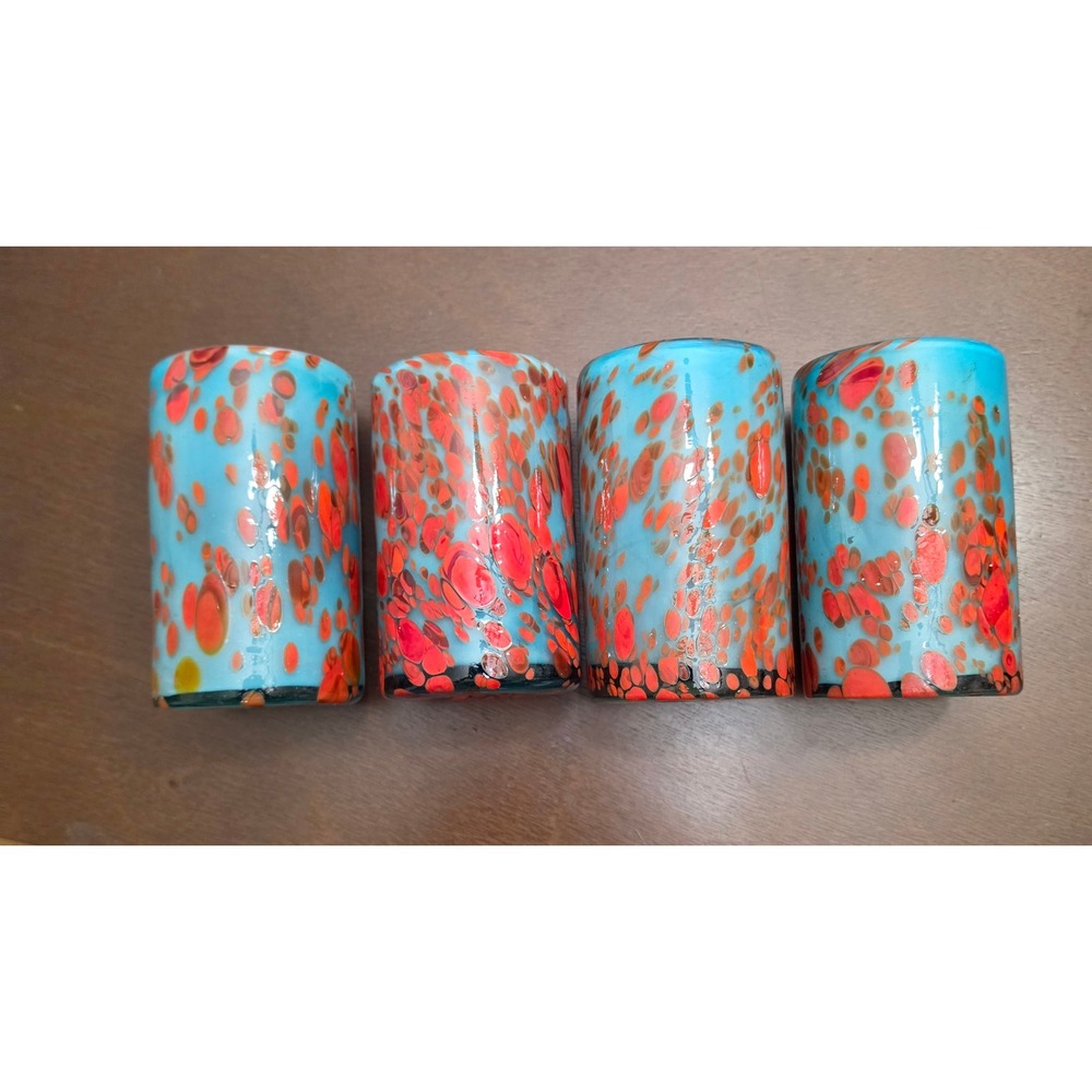 Handmade Art‎ Glass Tumbler Set 4 Blue Red Confetti Hand Blown Drinking Glasses
